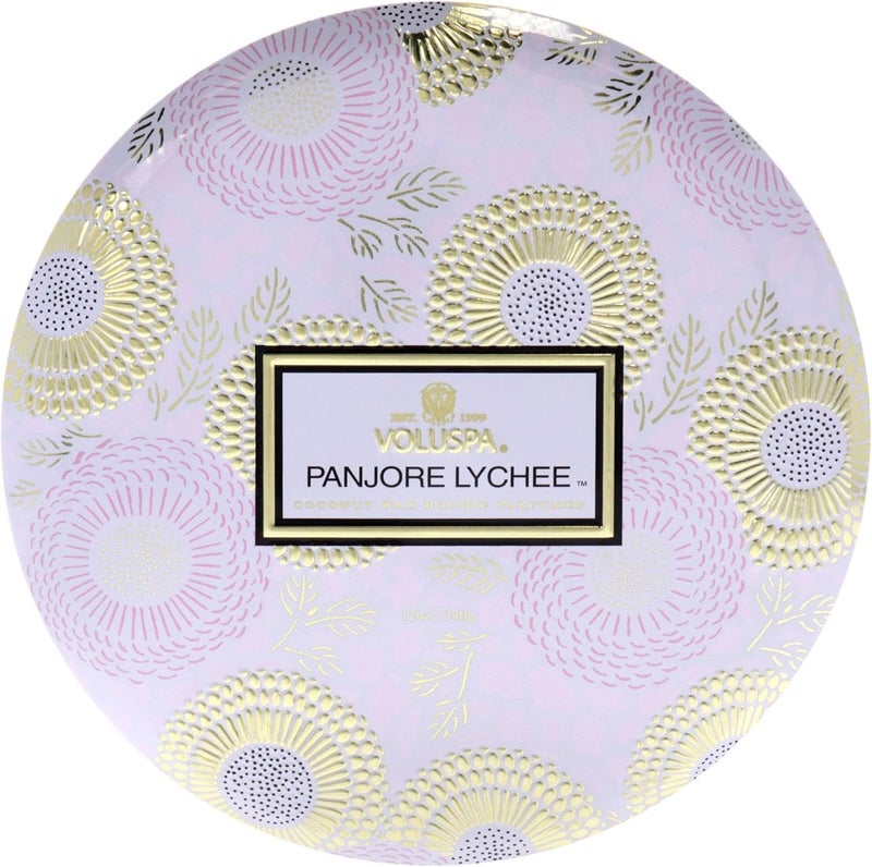 Voluspa Panjore Lychee, 3 Wick Tin Candle, 12 ounce, 40 Hour Burn Time, Coconut Wax for Clean Burning, Handcrafted in the USA - Image 1